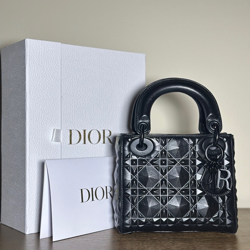 Mini Lady Dior Handbag black cannage calfskin with diamond motif